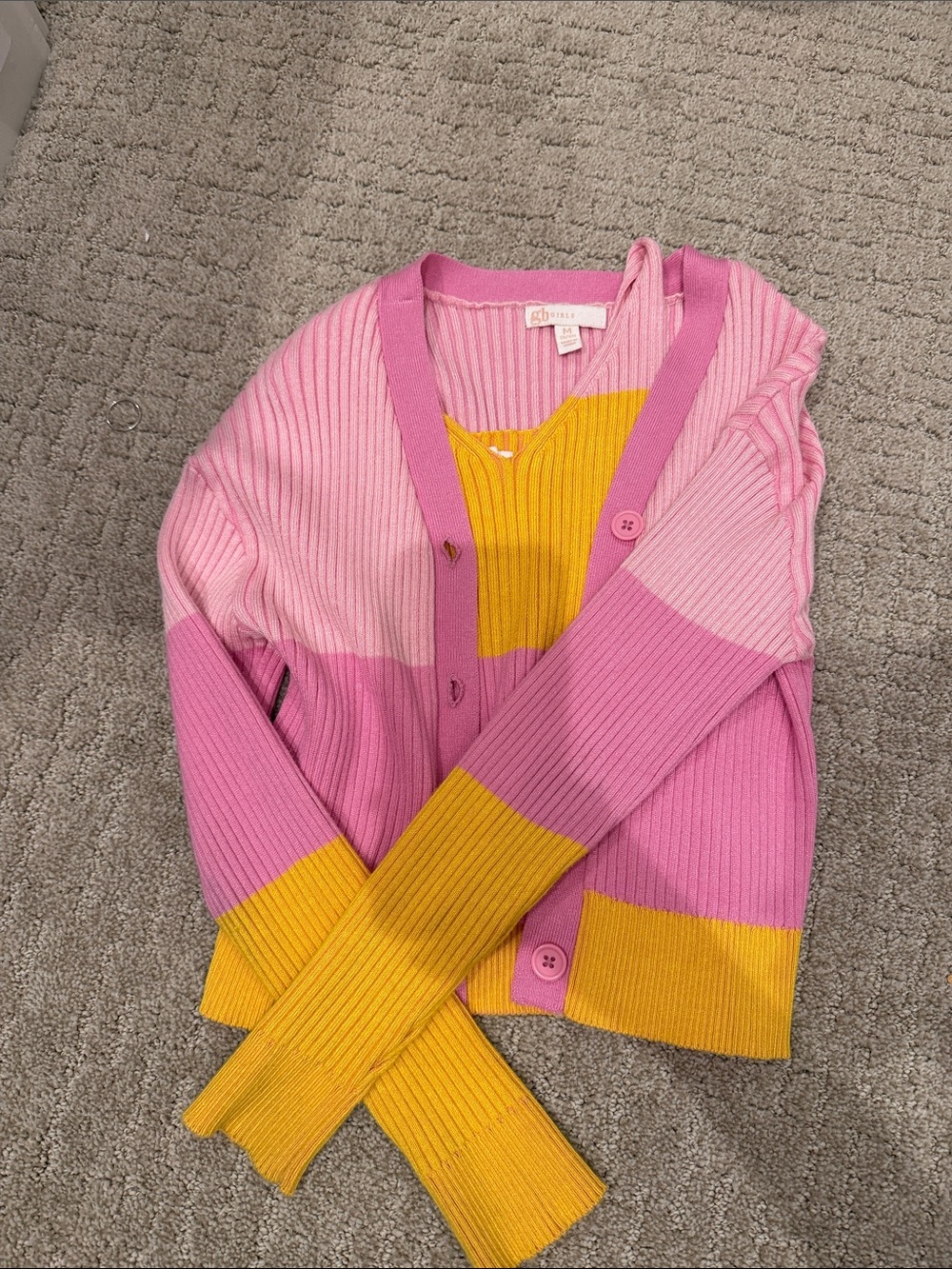 GB girls Pink & Yellow Colorblock Ribbed Cardigan